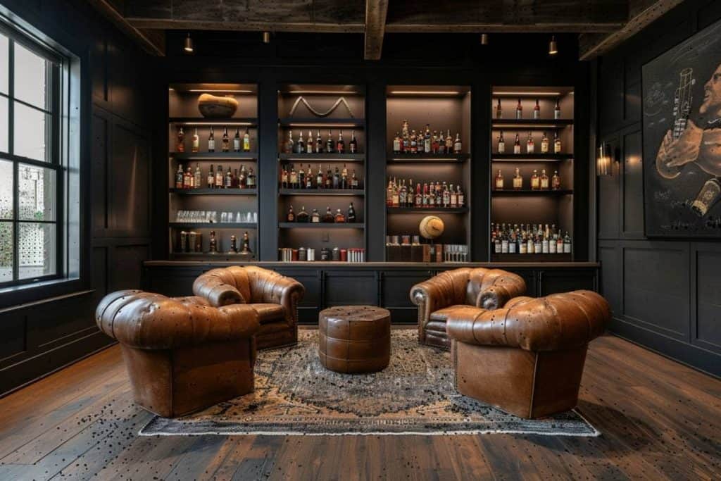 Elegant home whiskey lounge featuring tufted leather armchairs, an expansive bottle collection on black shelving, and a large, textured area rug.