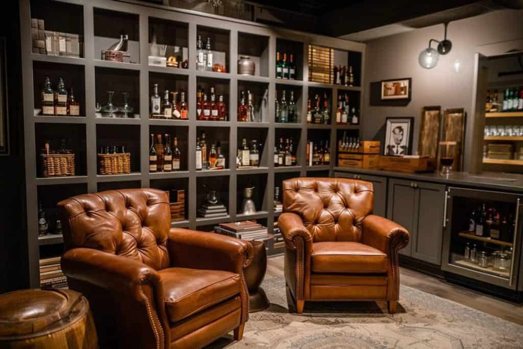 A chic home whiskey lounge with gray shelving full of whiskey bottles, complemented by a quartet of plush leather chairs and a wooden barrel coffee table, set against soft lighting for a relaxing ambiance.