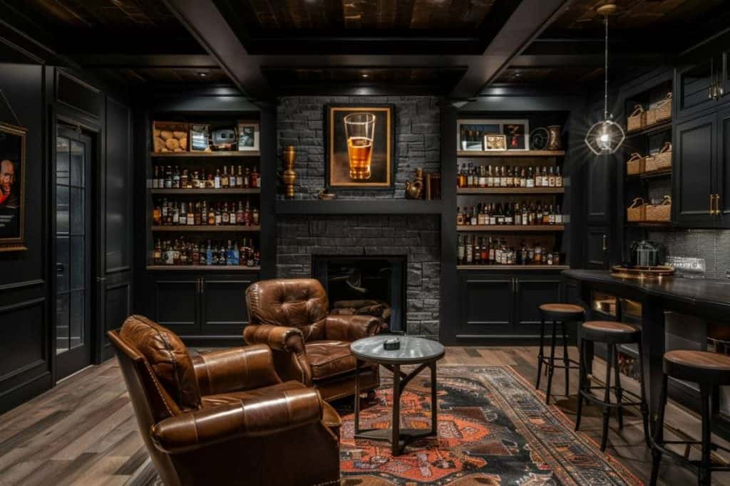 Sophisticated home bar with a black brick fireplace, a painting of a whiskey glass, leather armchairs, and dark wood paneling. A bar counter with stools and built-in shelves create a cozy corner for whiskey aficionados