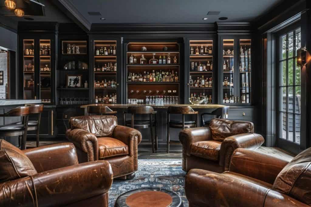 Dimly lit, luxurious whiskey lounge featuring a centered dark wood bar surrounded by high stools, leather sofas, and walls adorned with whiskey-related art, under a discreet lighting setup.