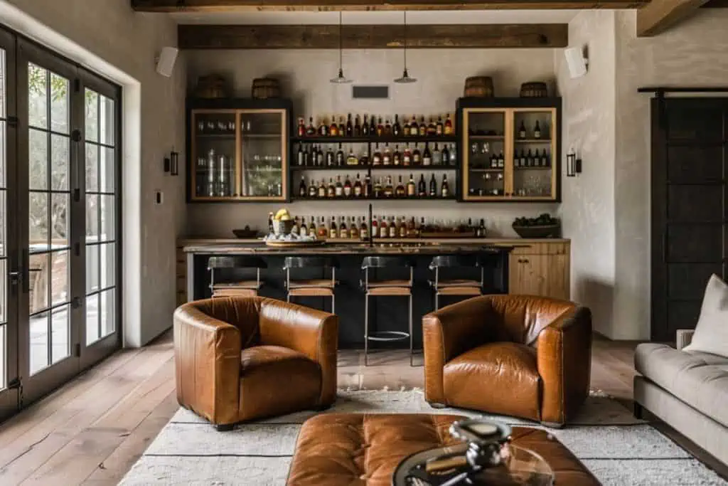 Bright and airy whiskey lounge with modern aesthetics, showcasing tan leather armchairs, a central ottoman, and a neatly organized bottle display.