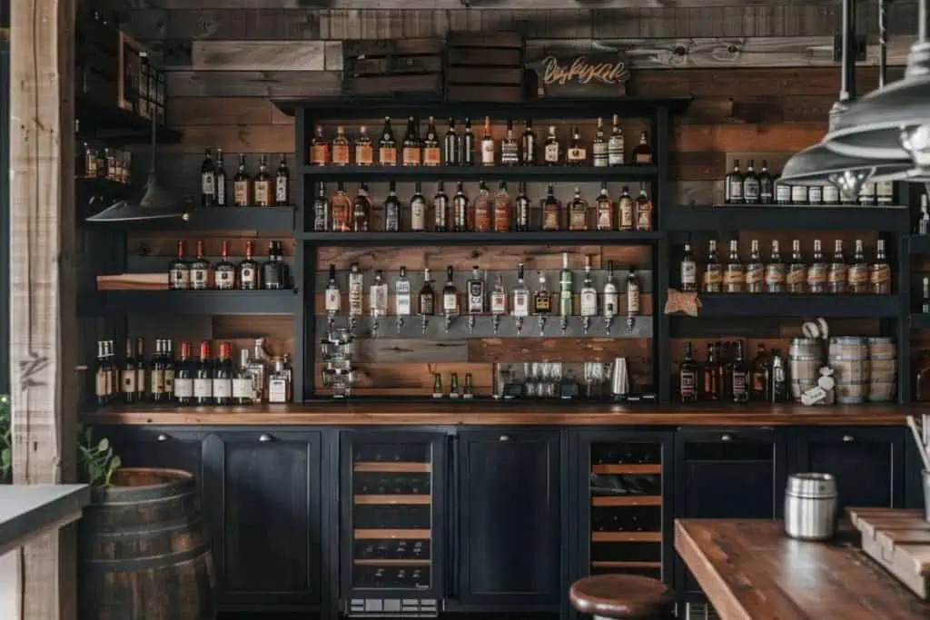 Rustic-chic whiskey bar with reclaimed wood shelving, an assortment of whiskey bottles, and "Enjoy Life" scripted on a wall décor piece.