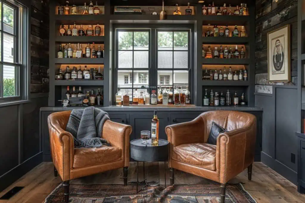 Intimate whiskey lounge with leather chairs, a cozy throw blanket, a side table with whiskey glasses, and a wall-mounted bottle display.