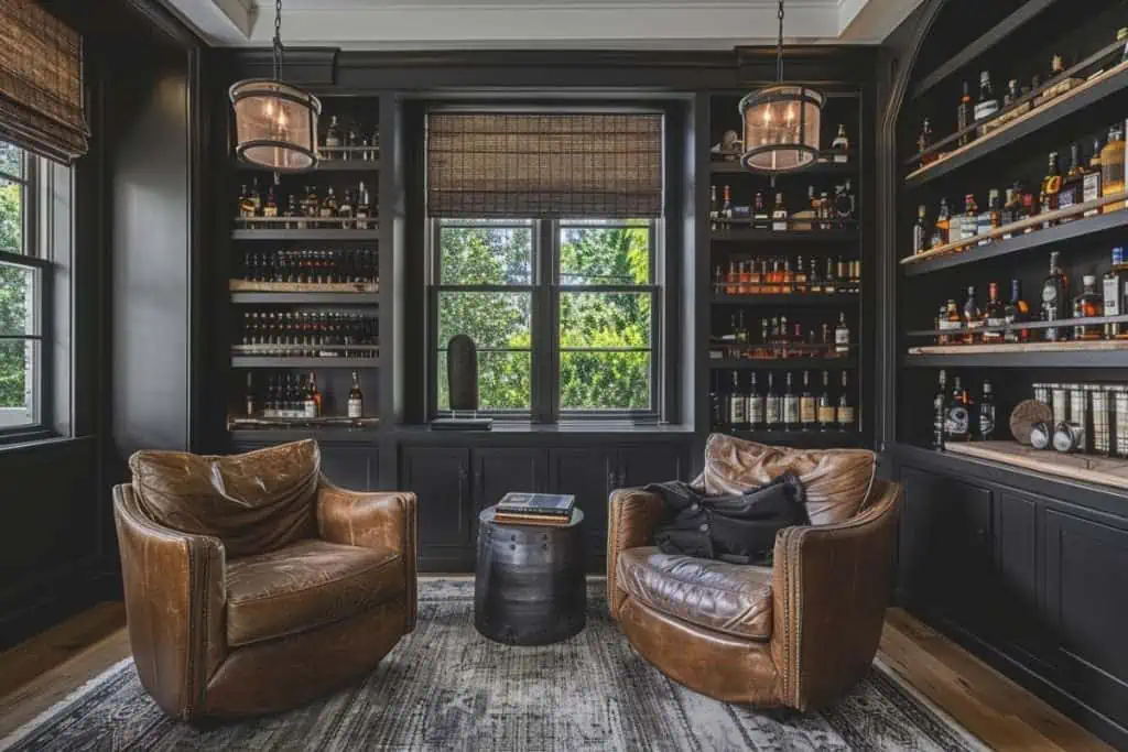 Traditional home whiskey lounge with leather chairs, a cowhide rug, and shelves stocked with an impressive whiskey collection against black paneling.
