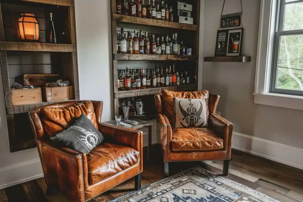 Home lounge with vintage charm, featuring a whiskey barrel table, tufted leather chairs, and wooden shelving stocked with various bottles.