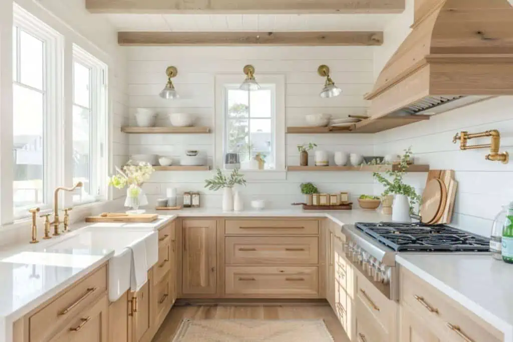 A sunlit kitchen corner featuring white oak cabinets with sleek hardware, complemented by white shiplap walls and floating shelves adorned with ceramics, evoking a warm yet modern ambiance.