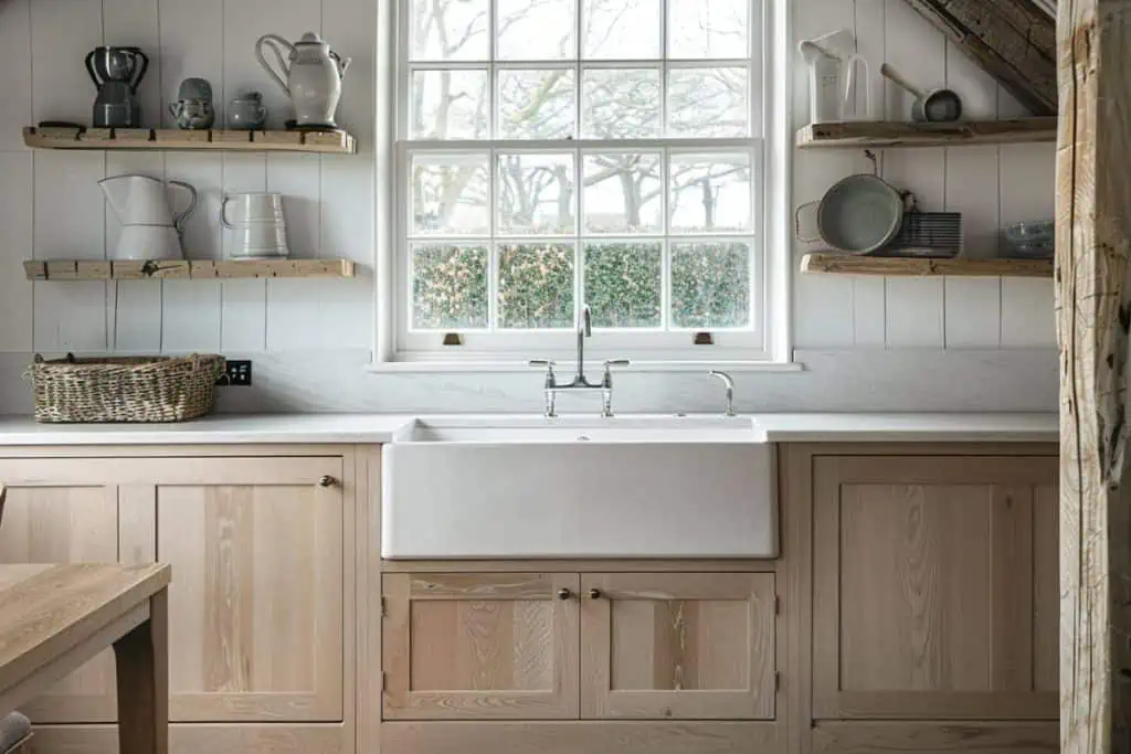 Calm kitchen setting with white oak lower cabinets, floating shelves, a farmhouse sink, and a window with greenery outside