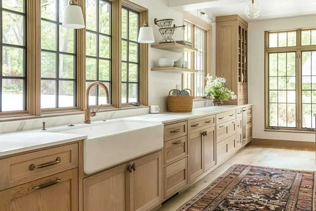 Elegant white kitchen with white oak cabinets and a farmhouse sink framed by large windows with a view of greenery outside.