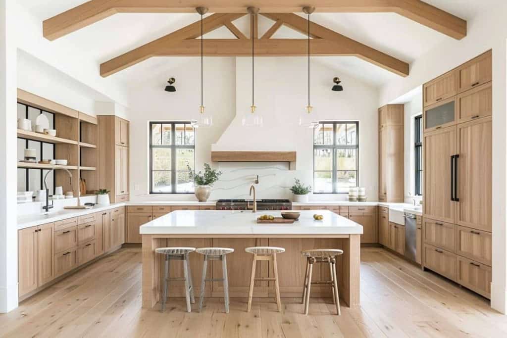 Spacious white kitchen with white oak cabinets, a large island with bar stools, and exposed wooden beams, creating a cozy farmhouse atmosphere.