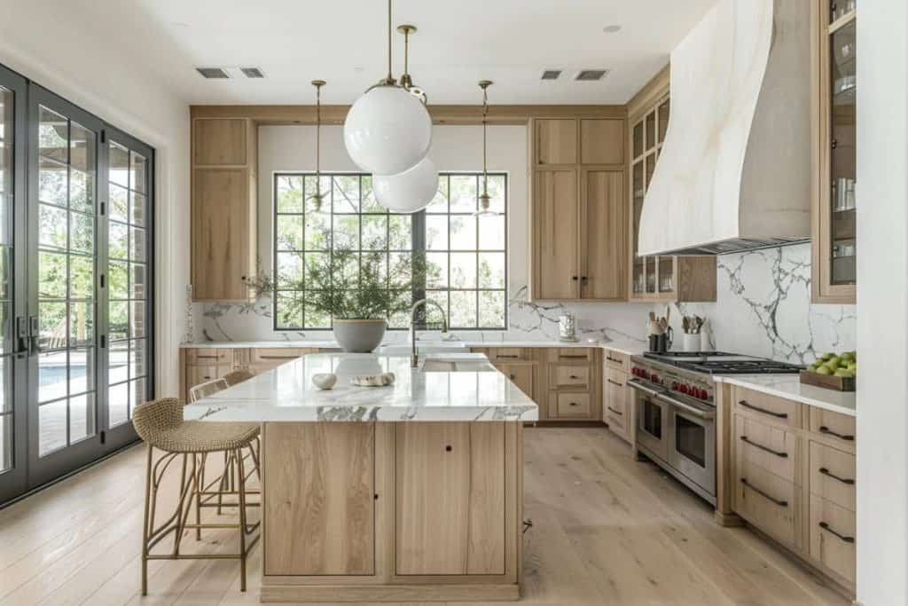 Modern white kitchen with a white oak island, marble countertops, and unique globe pendant lights adding a touch of elegance