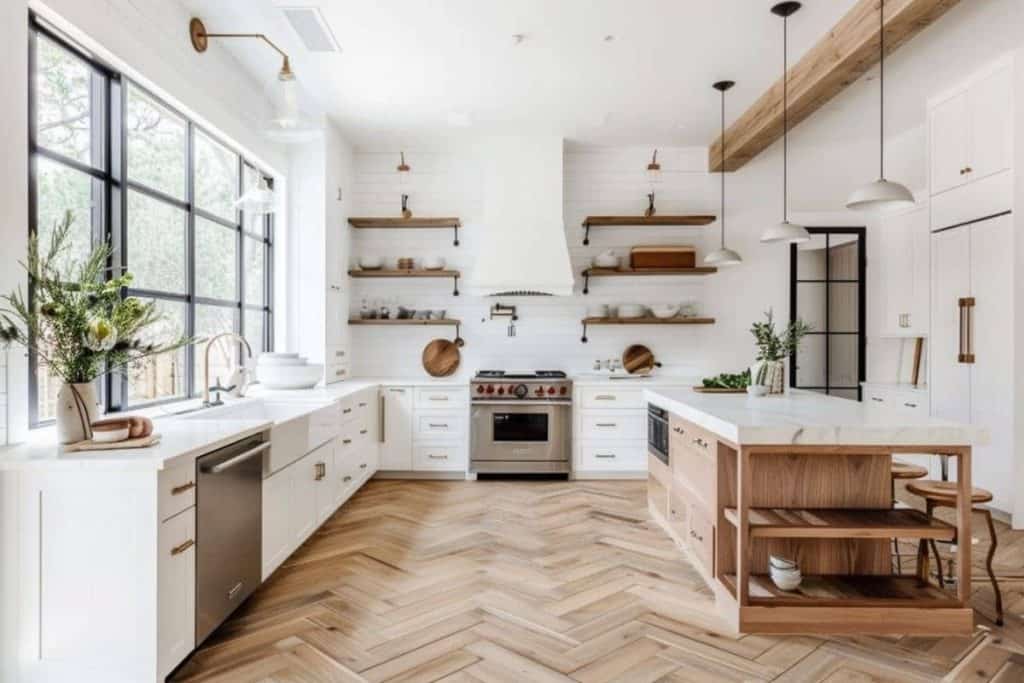 Contemporary kitchen with herringbone wood floors, white oak cabinets, and a bright white island, illuminated by natural light from large windows