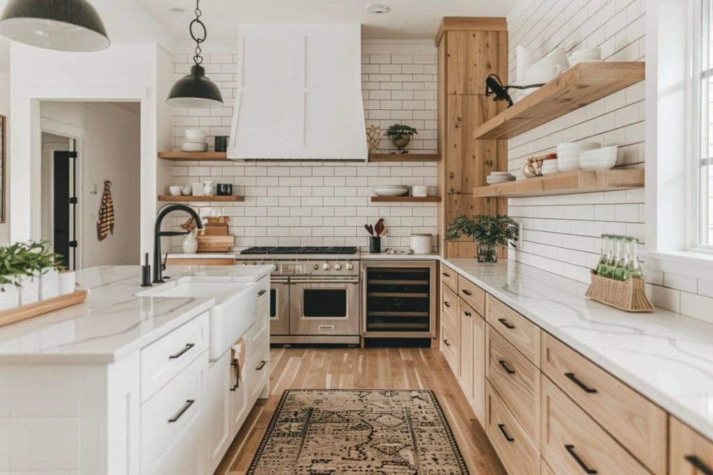 Classic white kitchen with subway tile backsplash, white oak lower cabinets, and open shelving displaying everyday kitchenware