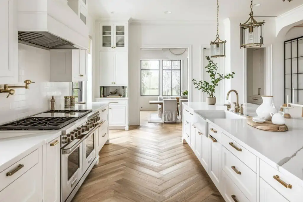 Luxurious white kitchen with a white oak island, professional-grade range, and marble backsplash, exuding sophistication and warmth.
