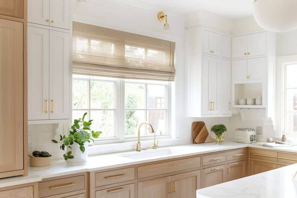 Elegant white kitchen with gold fixtures, showcasing white oak lower cabinets and white upper cabinets, beside a large window with a woven shade filtering the natural light.