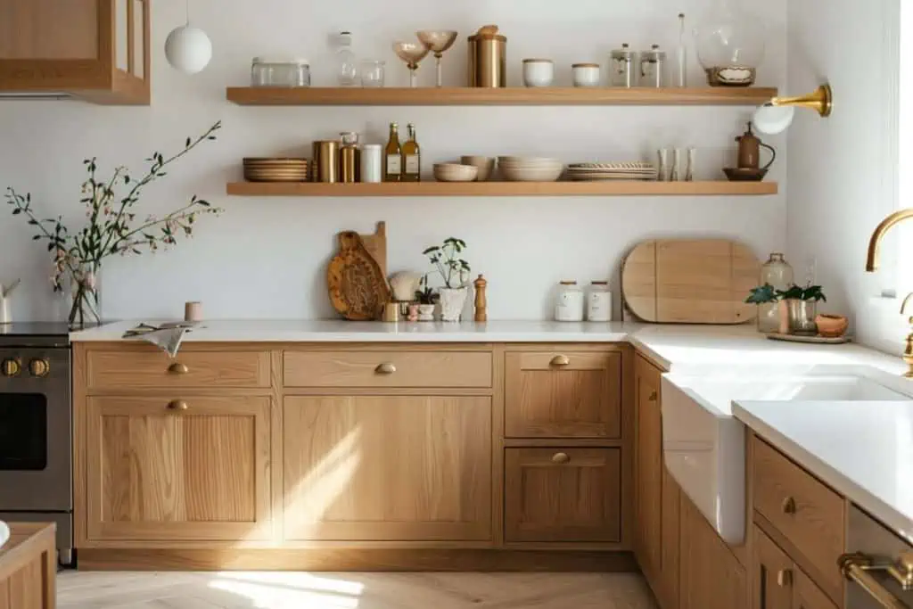 Intimate kitchen space with white oak cabinetry, a white farmhouse sink, brass taps, and sunlit countertops with herbs.