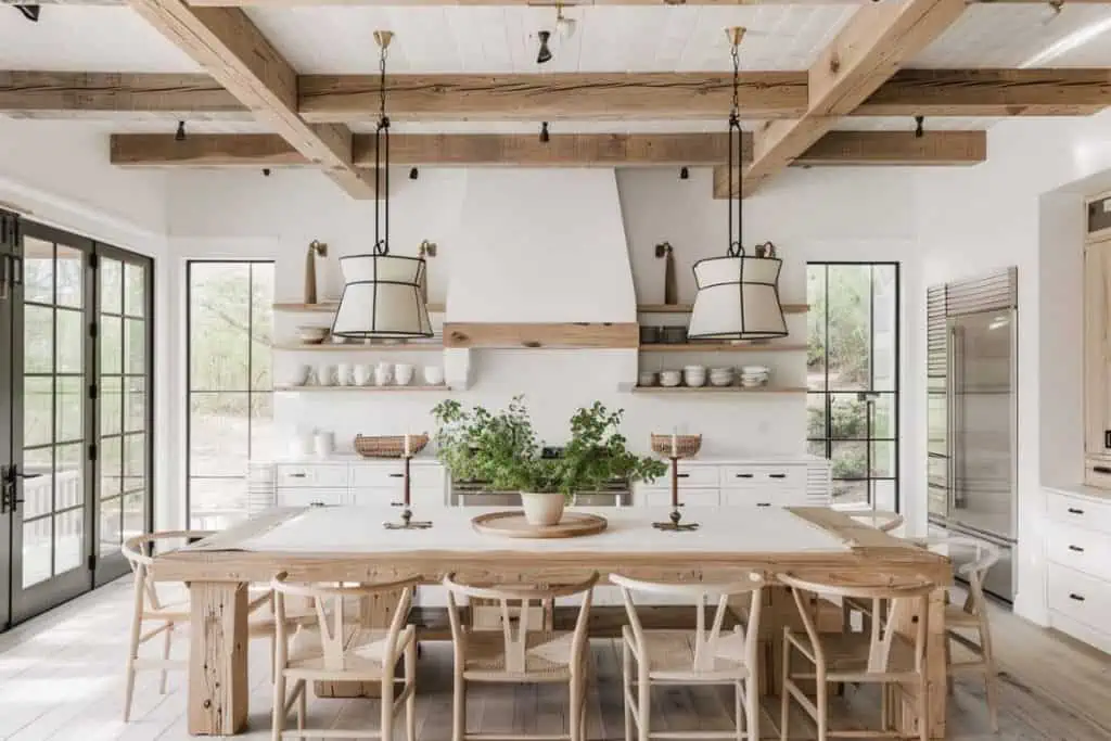 Rustic white kitchen and dining area with white oak cabinets under pendant lights, and a large wooden dining table.