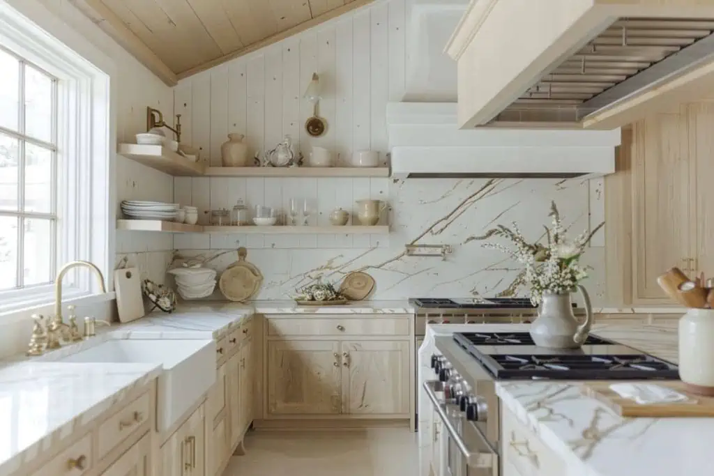 Kitchen showcasing white oak cabinets, marble backsplash, open shelving with pottery, and white countertops.