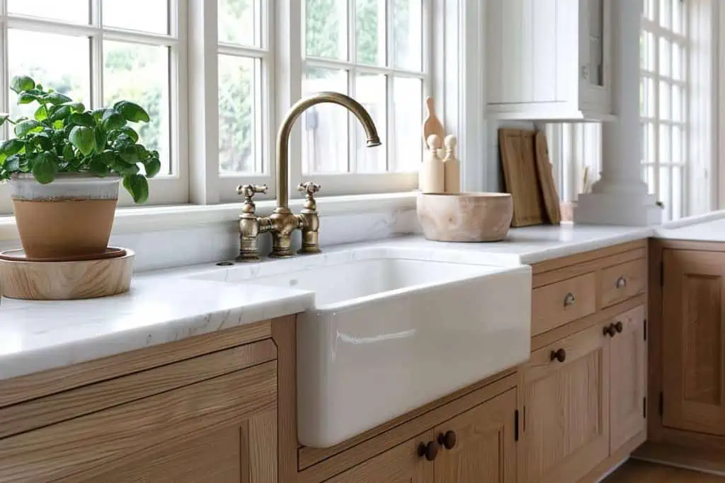 Kitchen detail with a white farmhouse sink, brass faucets, white oak cabinets, and marble countertops with green plants