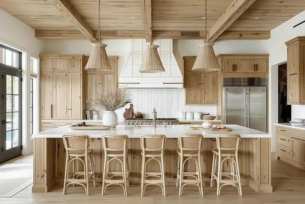 Inviting kitchen island with wicker bar stools, surrounded by white oak cabinets and accented by woven pendant lights.
