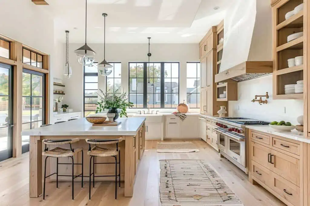 Modern white kitchen with white oak cabinetry, stainless steel appliances, and a welcoming island with pendant lighting