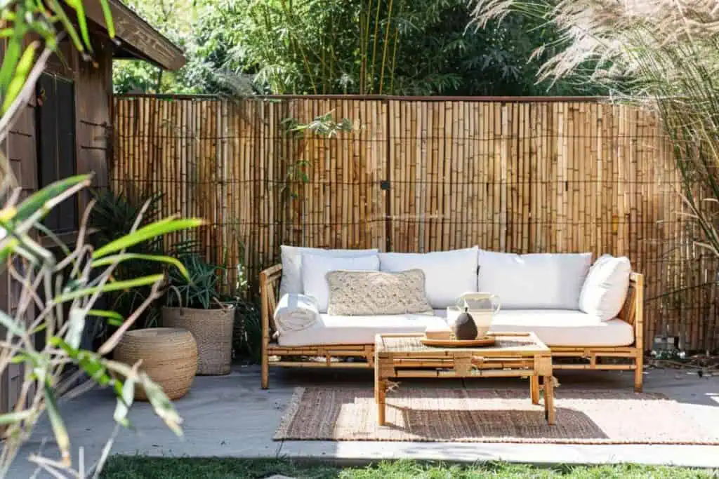 A serene outdoor seating area featuring a cushioned bamboo sofa, a rustic wooden coffee table, and decorative plants, all enclosed by a tall bamboo fence for privacy