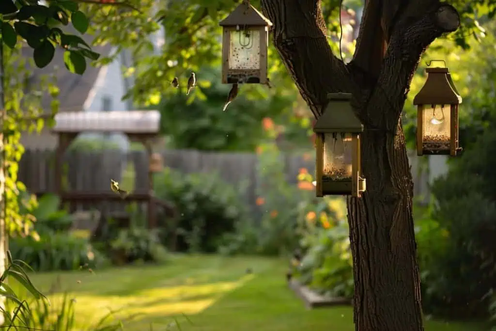 A tranquil garden scene at dusk, showcasing bird feeders hanging from a tree with visiting finches, surrounded by lush greenery and a softly lit backyard