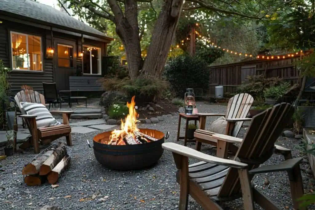 A cozy backyard evening setting with Adirondack chairs circled around a crackling fire pit, under the glow of string lights and a twilight sky