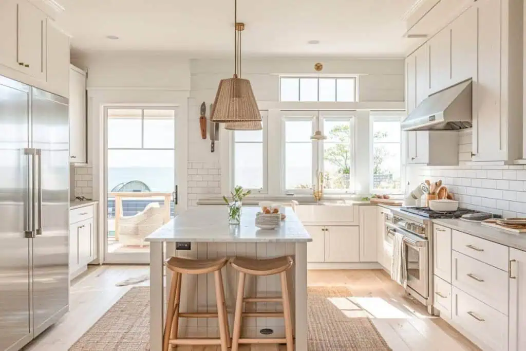 A bright coastal kitchen featuring white cabinetry, a marble-topped island with wooden stools, and a pendant lamp with a seagrass shade.