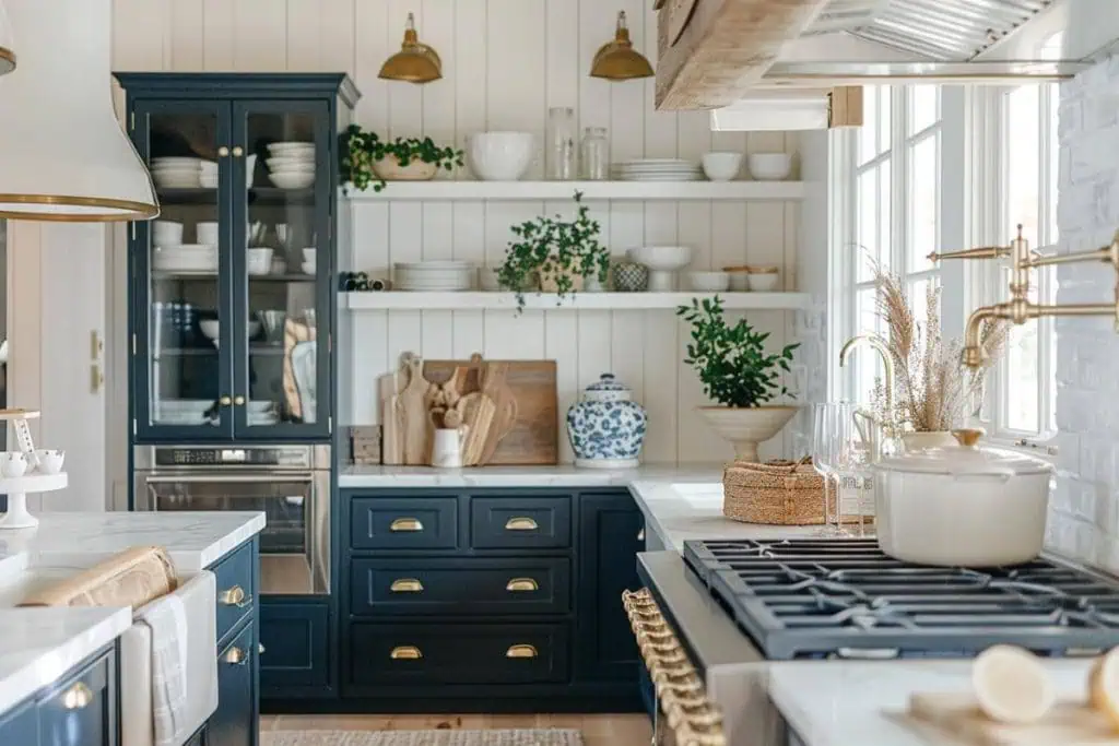 A modern farmhouse kitchen with dark blue cabinets, brass handles, floating wooden shelves, and a classic subway tile backsplash.