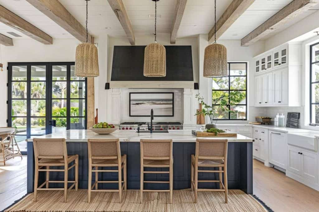 A coastal farmhouse kitchen with seagrass pendant lights above a dark blue island, white cabinets, and exposed wooden beams.