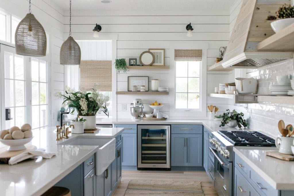 A bright and airy kitchen with light blue cabinetry, two large wicker pendant lights, and a shiplap wall with floating shelves.