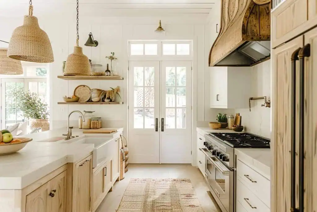 A coastal farmhouse-style kitchen featuring beige cabinets, large beige pendant lights, and a white shiplap wall with open shelves.