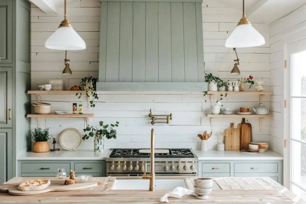 A light-filled kitchen with powder blue cabinetry and shelving, pendant lights with white shades, and a white shiplap backsplash.