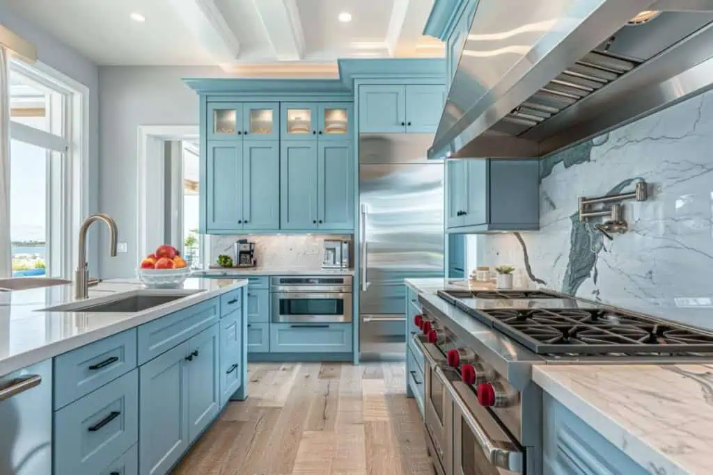 A traditional kitchen with soft blue cabinets and drawers, a silver range hood, and a mosaic tile backsplash in shades of blue.