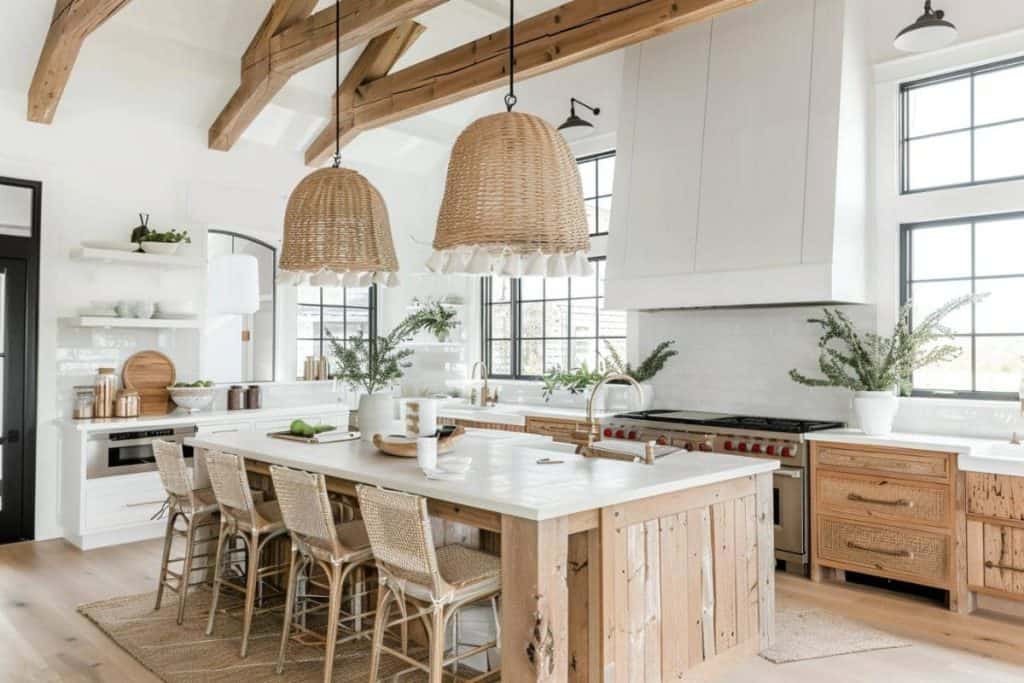 A bright, coastal kitchen with white cabinetry, large windows, a central island, and wicker bar stools under rattan bell pendant lights.