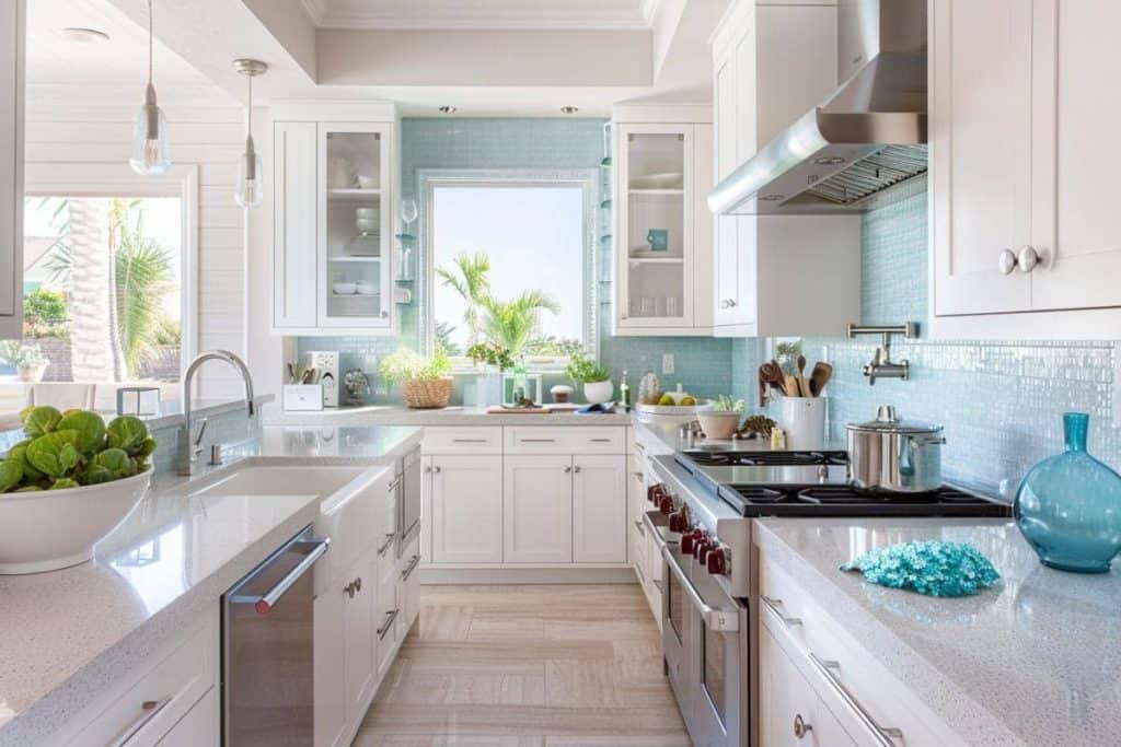 A modern coastal farmhouse kitchen with a beachy feel, featuring white cabinets, light blue backsplash tiles, and three pendant lights over the island.