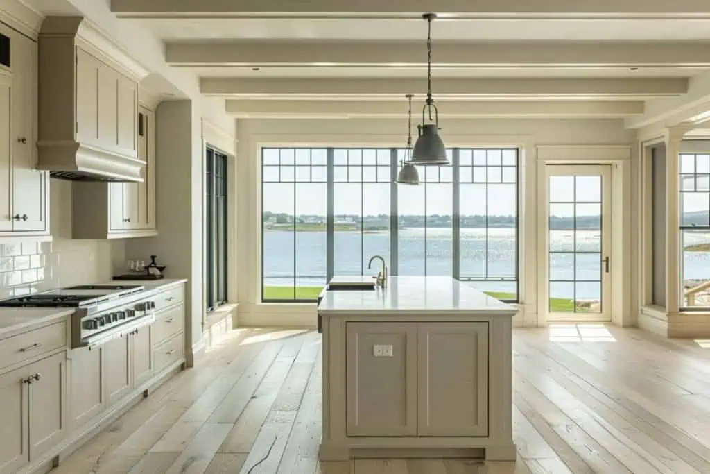 A spacious farmhouse kitchen with a large central island, exposed beams, and windows offering expansive waterfront views.