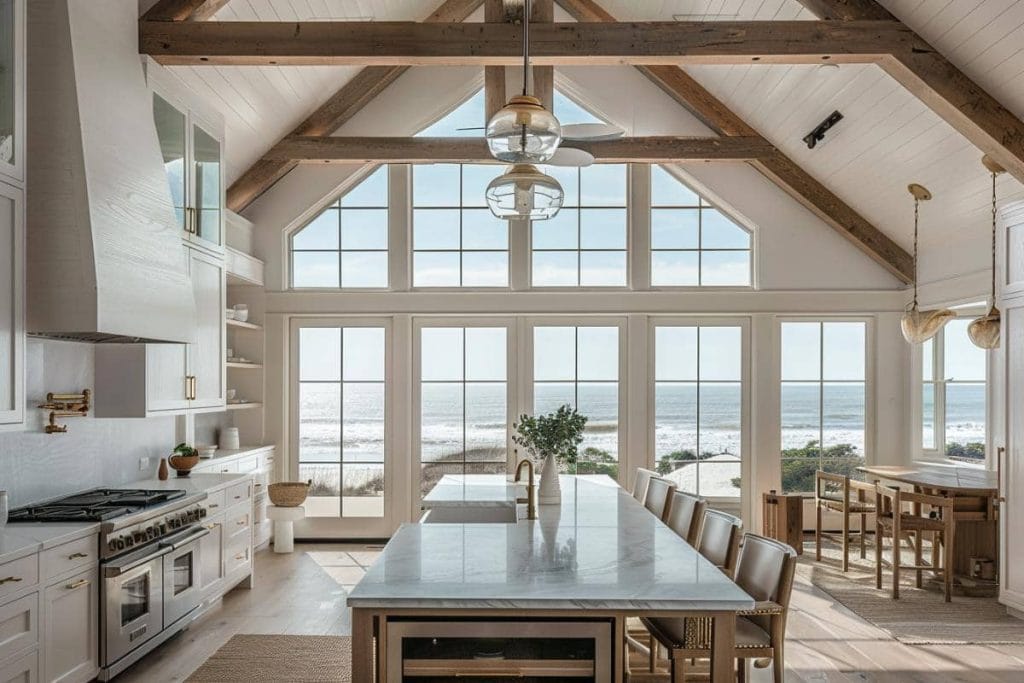 A grand coastal kitchen with towering ceilings, exposed wooden beams, and a large island, all bathed in natural light from ocean-facing windows.