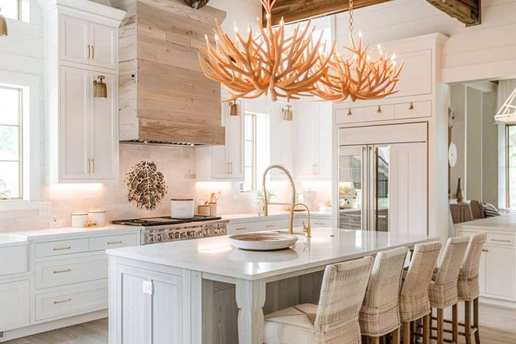 A coastal kitchen with an ornate coral-like chandelier, white cabinetry, and wicker-backed stools around a marble-topped island.
