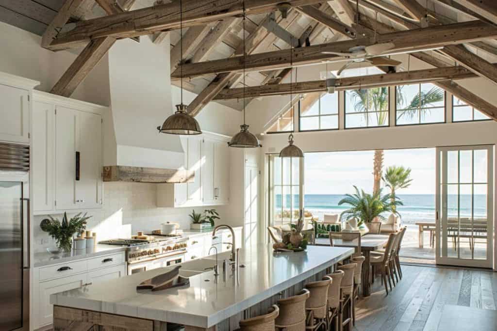 An open kitchen with rustic wooden beams, industrial-style pendant lights, and an ocean view from large windows behind the sink.