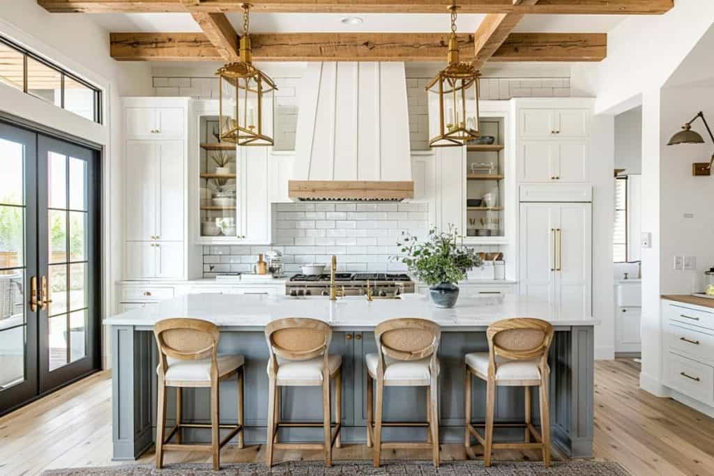 A coastal farmhouse kitchen with elegant gold fixtures above the island, white cabinetry, and beige stools with rattan accents.