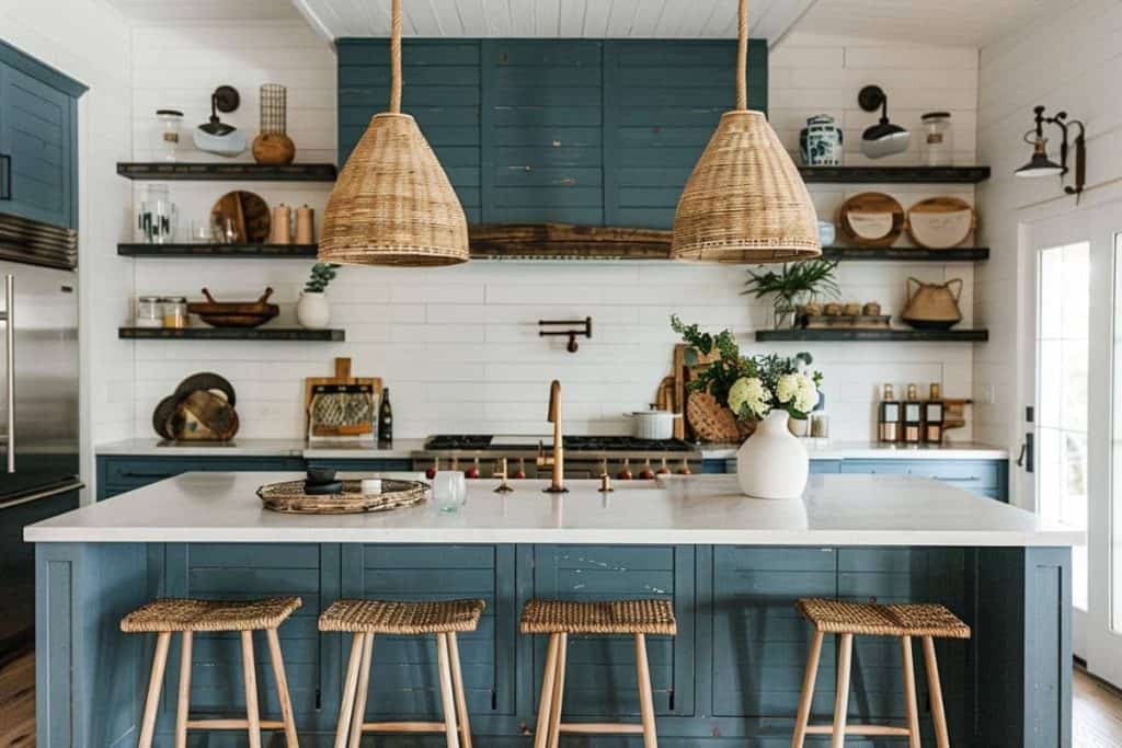 A nautical-inspired kitchen with a ship’s wheel decor on the wall, a dark blue island, and woven pendant lights above.