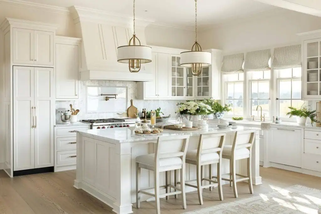 A bright coastal kitchen with white cabinetry, a marble island, and chic, gold-trimmed white pendant lights.