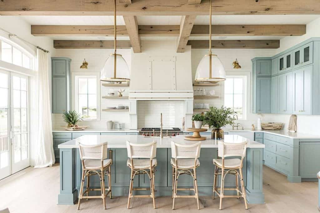 A coastal farmhouse kitchen with light wood beams, white cabinets, and an expansive island with integrated bench seating.
