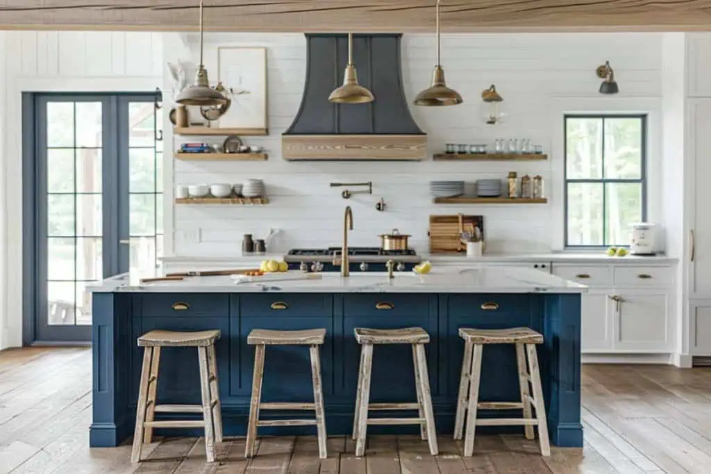 A cozy kitchen in blue and white tones, with open shelving, brass fixtures, and a window