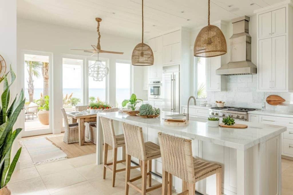 A sunlit, white kitchen with rattan pendant lights over a marble island, leading out to a patio with an ocean view.
