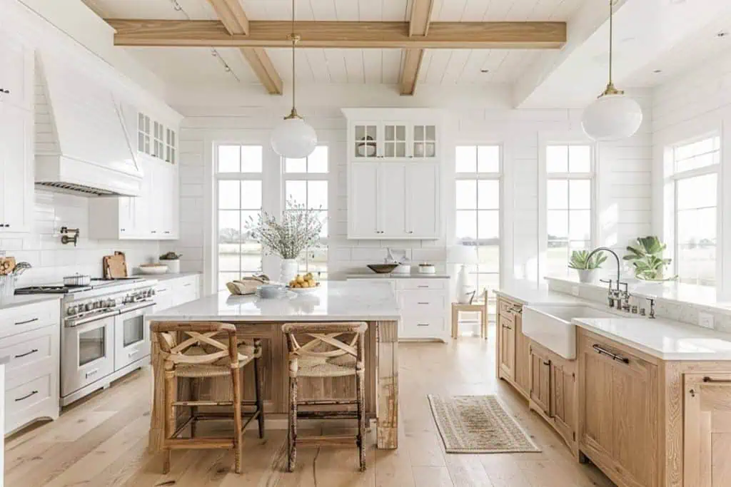 A farmhouse kitchen with a white and natural wood color scheme, high ceilings with exposed beams, and globe pendant lighting.