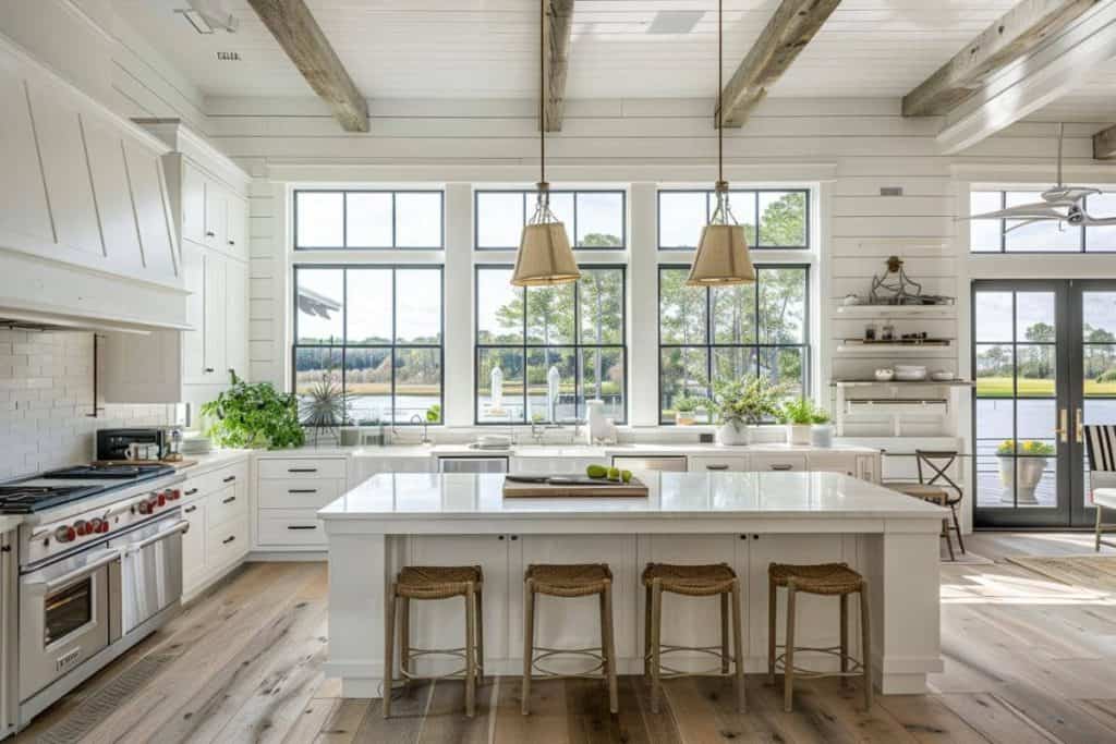 An elegant white kitchen with a marble countertop, herringbone wood floors, and rustic beams, looking out onto a serene lake.