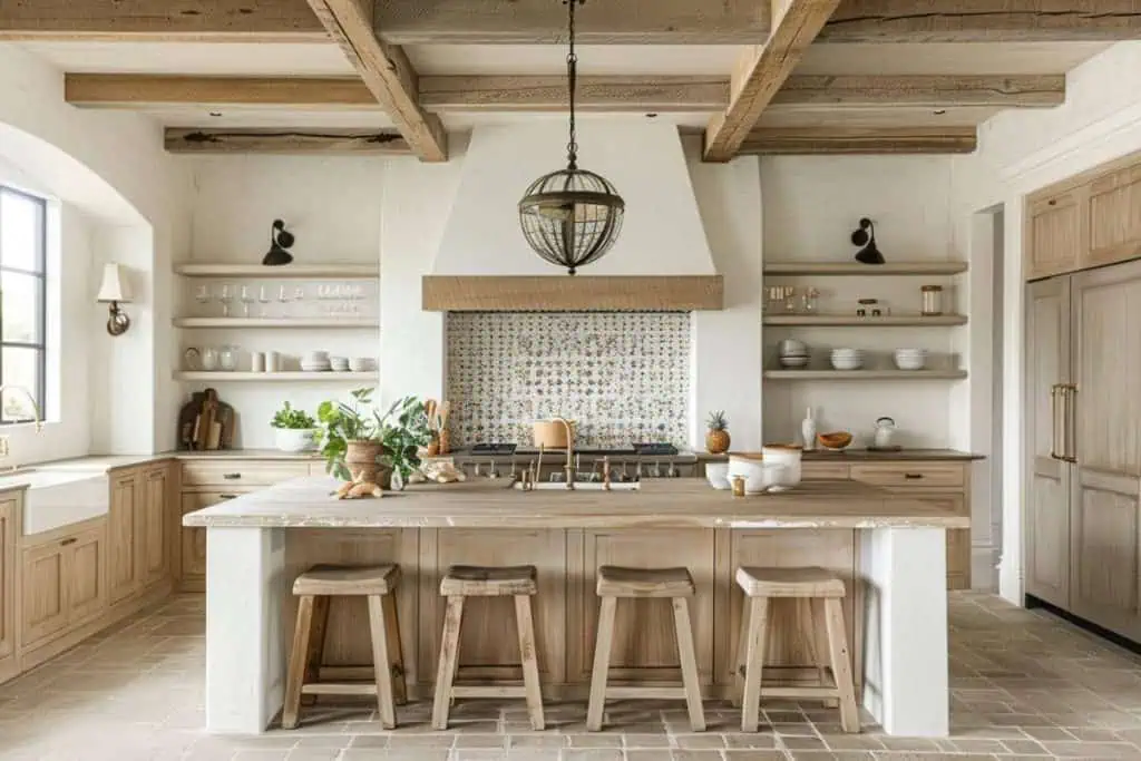 A rustic kitchen boasting natural wood cabinets, open shelving, and a white farmhouse sink under a large window.