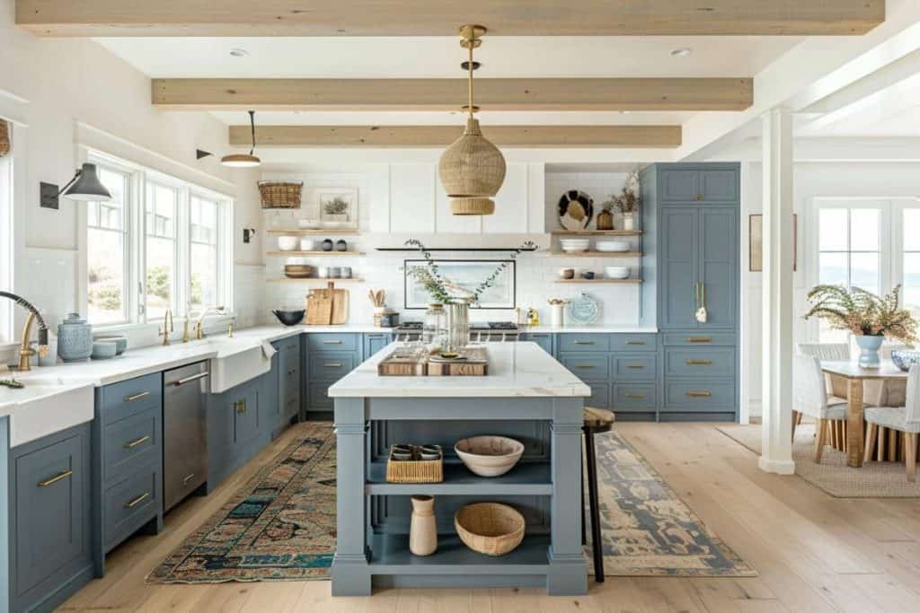 A serene blue and white kitchen with a central island, hardwood floors, and a mixture of open shelving and glass-front cabinets.